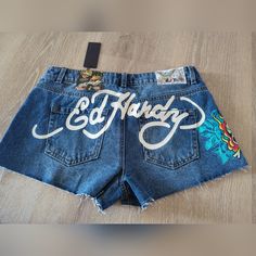 Ed Hardy Swallow Denim Shorts Skull Bones Painted Pockets. New With Tags - 28 , 30 Painted Pockets, Ed Hardy Jeans, Skull Bones, Streetwear Fashion Women, Skull And Bones, Ed Hardy, Streetwear Fashion, Fashion Women, Jean Shorts