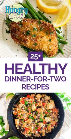 the cover of healthy dinner for two is shown with lemon wedges and green beans