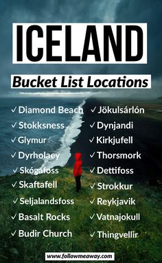 the iceland bucket list is shown in black and white, with an image of a person standing