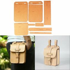 an image of the back side of a bag with tags attached to it and two pictures of