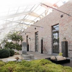 an indoor garden area with moss growing on the ground and rocks in the foreground