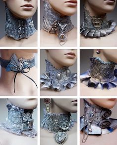 I want these all. Lace Steampunk collars with cameos and metal embellishments Pinkabsinthe Elf Kostüm, Moda Steampunk, Haine Diy, Metal Embellishments, Junk Jewelry, Steampunk Accessories, Victorian Steampunk