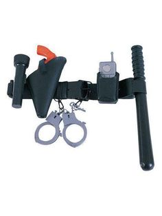 there is a pair of scissors and two pairs of handcuffs attached to the handlebars