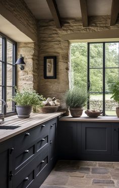 a kitchen filled with lots of counter top space next to a window covered in potted plants