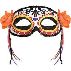 This fabric calavera mask is ornately designed with vibrant colors sequin trims and orange fabric flowers on either side. It's an easy way to dress your best without having to do your own makeup. Day of the Dead Calavera Fabric Eye Mask product details: Attached elastic to secure Sequin and ribbon details Polyester exclusive of decoration Spot clean only Shirt and makeup not included One size fits most teens and adults Mask Halloween Costume, Sugar Skull Costume, Sugar Skull Face, Skull Face Mask, Sugar Skull Design, Half Mask, Halloween Costume Shop, Halloween Store, Mask Halloween