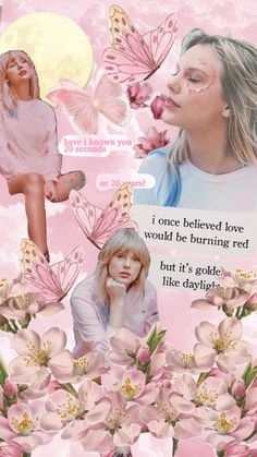 a collage with pink flowers, butterflies and a woman's face in the center