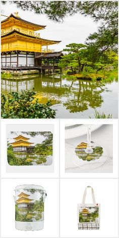 an image of a japanese temple with water and trees in the foreground, along with other images