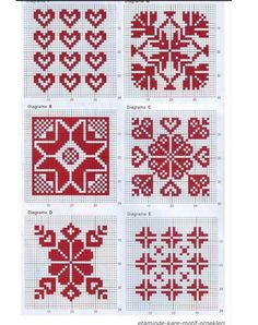 four cross stitch patterns with hearts and snowflakes in red, white and black