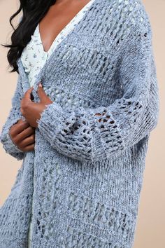 No matter what the day throws your way, the Lulus Crochet it Ain't So Slate Blue Oversized Cardigan Sweater is the cozy little layer that you'll always be able to rely on! This oversized cardi boasts an open-front silhouette and long sleeves with drop shoulders. Loosely crocheted yarn has a nubby boucle-inspired effect throughout! Fit: This garment fits true to size. Length: Mid-thigh. Size medium measures 31" from shoulder to hem. Bust: Great for any cup size. Waist: Not Fitted - comfortable room throughout midsection. Hip: Not Fitted - room for hips. Fabric: Fabric is very stretchy. Unlined and sheer. 100% Acrylic. Hand Wash Cold. Do Not Bleach. Hang To Dry. Imported. Lulus | Crochet it Ain't So Slate Blue Oversized Cardigan Sweater | Size Medium. Open Knit Cardigan For Fall Loungewear, Open Knit Relaxed Fit Cardigan For Layering, Relaxed Fit Open Knit Cardigan For Layering, Cozy Open Knit Outerwear For Layering, Relaxed Fit Open Knit Cardigan For Fall, Slouchy Cozy Cardigan For Spring, Fall Open Knit Sweater For Loungewear, Winter Open Knit Cardigan For Loungewear, Long Sleeve Open Knit Cardigan For Loungewear