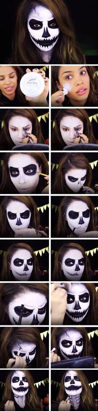 Easy Face Paint Ideas For Women, Skeleton Diy Costume Women, How To Paint Skeleton Face, Jack Skeleton Makeup Women, Skeleton Face Makeup Women, Skeleton Makeup Step By Step, Woman Skeleton Costume, Diy Skeleton Face Paint, Skeleton Costume Women Makeup