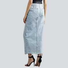 Take a walk on the wild side with our 20th-century-inspired. long women's jeans skirt from our 2023 Spring-Summer Collection! With a light wash. high-rise design. and zipper & button closure. this timeless piece is perfect for showcasing your vogue-forward edge and ageless trend.Why You'll Love This SkirtAchieve effortless elegance with this conventional denim skirt. Featuring a light wash and high waist. this piece perfectly blends unique vintage allure with vogue-day sophistication. Whether yo High Waist Skirt With Frayed Hem, Summer Full Length Skirt With Frayed Hem, Summer Full-length Skirt With Frayed Hem, Summer Denim Skirt With Five Pockets, Summer Denim Skirt With Five Pockets And Straight Leg, Summer Straight Leg Denim Skirt With Five Pockets, Spring Full-length Denim Skirt With Frayed Hem, Spring Full Length Denim Skirt With Frayed Hem, Full Length Light Wash Denim Skirt For Summer