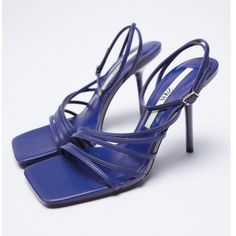 Beautiful Blue Strappy Sandals With Ankle Strap And Square Toe. 4.1 Inch Heel. Size 38 Blue Sandals With Heel And Single Toe Strap, Blue Strappy Sandals For Evening, Trendy Blue Strappy Sandals, Blue Strappy Evening Sandals, Blue Strappy Synthetic Heels, Blue Synthetic Strappy Heels, Blue Slingback Sandals For The Beach, Chic Blue Sandals With Heel Strap, Blue Strap Sandals For Spring