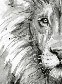 a black and white drawing of a lion's face with watercolor drops on it