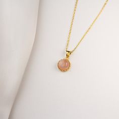 "Modern and elegant 14K gold rose quartz necklace for everyday wear. Great for stacking with other pendants to express yourself even better.  Wonderful and unique gift idea to show your love to important people in your life with a cute and dainty gift. This necklace makes a perfect gift for mothers, friends or yourself. Also a special anniversary gift for significant others. ♥ All our jewelry is custom made with Love and Care in our workshop.  ✿Unless \"Solid Gold\" option is specifically chosen Rose Quartz Pendant Necklace In Rose Gold, Feminine Gold Necklace With Gemstone, Feminine Gold Gemstone Necklace, Dainty Pink Gold Gemstone Necklaces, Elegant Rose Quartz Necklace Gift, Elegant Pink Round Charm Necklace, Elegant Pink Round Charm Necklaces, Rose Gold Necklace With Rose Quartz As A Gift, Elegant Pink Gold Charm Necklaces For Gifts