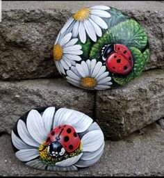 two painted rocks with ladybugs and daisies on them