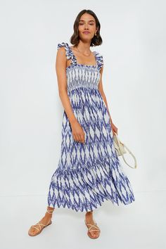 Created by founder Liz Joy, Marea is a lifestyle brand that aligns with casual days in the sunshine and evenings by the sea. Their coastal-inspired pieces are versatile and comfortable while embodying classic and effortless femininity.The Ikat Sasco Dress is a truly stunning closet-completer. Boasting frilly straps, smocked bodice, tiered dress with unique print make this midi one-of-a-kind. Wear it with espadrilles and tote for a brunch with your gals and swap for heels and clutch for a dinner Cocktail Attire, Skirt Midi, Tier Skirt, Night Looks, Polo Dress, Striped Linen, Tiered Skirt, Office Fashion, Tiered Dress