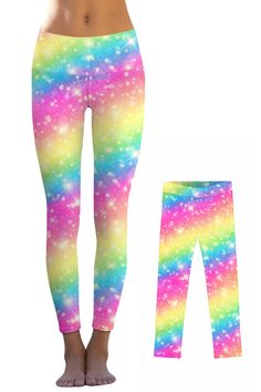 Bright Story Lucy Colorful Cute Shimmer Print Leggings - Mommy and Me - Pineapple Clothing Mommy And Me Swimwear, Sporty Crop Top, Sport Bikinis, Girls Lace Dress, Neon Dresses, Girls Unique, Mommy And Me Dresses, Legging Fits, Matching Leggings