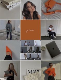 a collage of photos with orange and black accents, including women's clothing