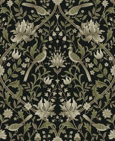 NW58300 vintage bird floral peel and stick wallpaper from NextWall Blooming Vines, Perfect Symmetry, Fabric Wall Decor, Fresh Scents, Ogee Pattern, Ebony Color, Paintable Wallpaper, A Secret Garden, Commercial Wallpaper