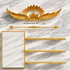 the golden emblems and frames are on top of a white marble surface with gold trimming