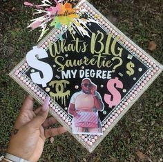 someone is holding up a graduation cap that says, what's big sauerie?