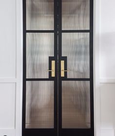 two black doors with gold handles in front of a white wall and carpeted floor