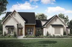 this is an artist's rendering of a house in the country style with white siding and black shingles