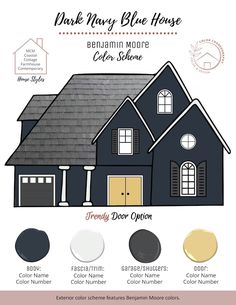 the black color scheme for a house with white trim and red door, gray roof, and