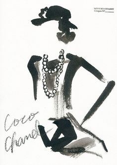 a black and white drawing of a woman in a hat with pearls on her necklace