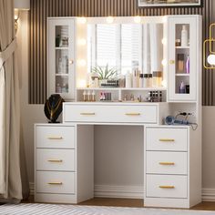 PRICES MAY VARY. 📣 【Important Tips】The complete makeup vanity desk with mirror and lights will be packed in 2 packages (Box A and B), please install after both packages are received. Both the US East and West local warehouses can deliver to ensure faster arrival 【Vanity with Charging Station】Built-in power strip makes styling and charging more convenient, includes 2 AC outlets, 2 USB ports and 4.77 ft. power cord. LIKEIN modern vanity with ample storage space. Large tabletop with storage shelve Desk With Light Up Mirror, Large Makeup Vanity, Desk And Vanity In One Bedroom, Fancy Vanity, Vanity Nook, Organized Makeup, Unique Vanity, Makeup Vanity Mirror With Lights, Vanity Desk With Mirror