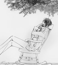 a woman sitting in a rocking chair under a tree with her head on her hand