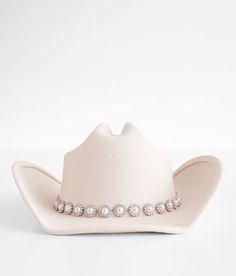 Fame Accessories Faux Pearl Cowboy Hat - Cream , Women's Ivory Glitz structured hat Interior cinch tie band 3 1/2 brim One size fits most. 90% Polyester 10% Alloy. Machine wash cold. Do not bleach. Do not tumble dry. Cool iron. Do not dry clean. Apparel & Accessories > Clothing Accessories > Hats Cream Cowgirl Hat, Disco Cowgirl Accessories, Cowgirl Hat Decor, Bride Cowgirl Hat Bachelorette, White Cowgirl Hats, Pearl Cowboy Hat, Cowboy Concert Outfits For Women, Cowboy Hat Accessories, Bling Cowboy Hat