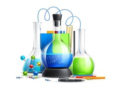 an assortment of science equipment including beakles, flasks and colored liquids on a white background