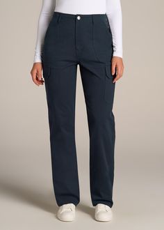 American-Tall-Women-Straight-Leg-Cargo-Chino-Navy-front Utility Cargo Style Work Pants, Workwear Full-length Cargo Pants With Side Pockets, Full Length Utility Cargo Work Pants, Utility Cargo Pants For Work, Utility Work Pants With Multiple Pockets, Fitted Workwear Cargo Pants, Utility Full-length Cargo Pants For Work, Fitted Full Length Cargo Pants With Multiple Pockets, Relaxed Fit Full Length Cargo Work Pants