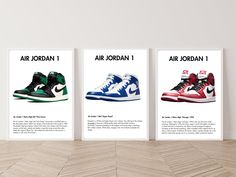 three air jordan posters on the wall above a wooden floor in front of a white wall