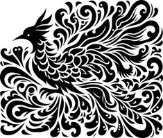 a black and white drawing of a bird with swirls on it's wings