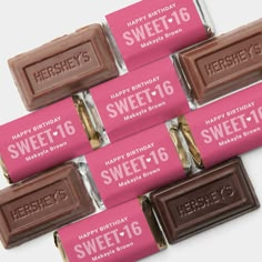 hershey's sweet sixteen birthday candy bar wrappers are shown in pink and white