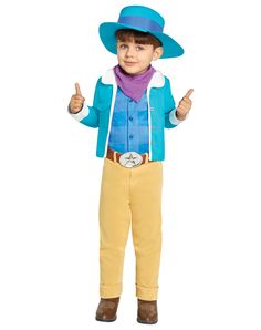 a little boy wearing a blue cowboy hat and yellow pants with his hands in the air