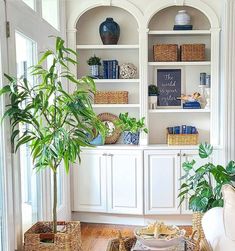 a living room filled with white furniture and lots of greenery on top of it