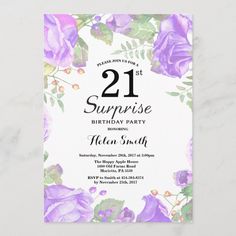 purple flowers and greenery 21st surprise birthday party card