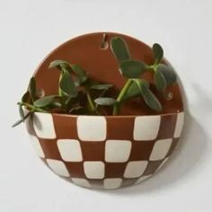 a brown and white checkered bowl with plants in it