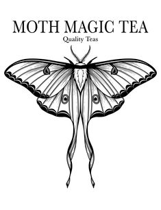 a moth with the words moth magic tea on it's back, and an image of