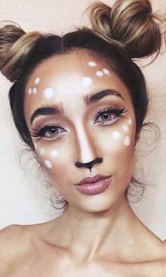 Doe Costume Women, Deer Costume Women Diy, Doe Makeup Halloween, Simple Deer Makeup, Deer Face Paint, Deer Makeup Halloween, Doe Makeup, Deer Halloween Makeup, Deer Halloween Costumes