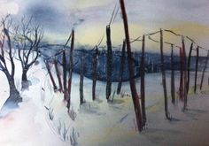 a painting of some trees in the snow