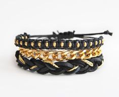 Black bracelet set is very versatile as it goes well with many different outfits. It looks great with black or golden watch, but each of the bracelets can be worn separately too. This is set of three bracelets in black and gold color combination. Stack has these bracelets:- macrame bracelet with brass beads and sliding knot at the back- golden colored aluminum chunky chain (does not change color) bracelet which closes with lobster clasp- braided bracelet made from soft cotton and faux leather co Black And Gold Bracelet, Gold Bracelet Stack, Teal Bracelet, Arm Candy Bracelets, Boho Bracelets Stack, Gold Bracelets Stacked, Gold Color Combination, Bracelets Black, Black Bracelet