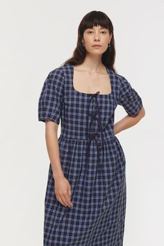 Harper | Ruched Waist Dress in Check | ALIGNE Ruched Waist Dress, Denim Midi Dress, Tie Front Dress, Denim Outerwear, Check Dress, Conscious Fashion, Waist Dress, British Style, Denim Shop