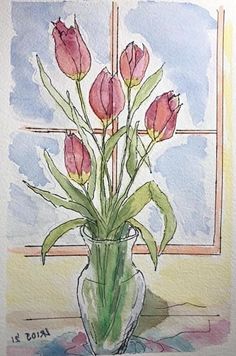 watercolor painting of pink tulips in a vase by a window with blue sky and clouds