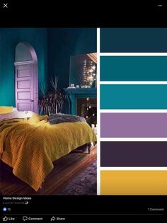 a bedroom with blue and yellow colors on the walls, bedding and rugs