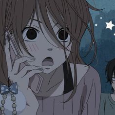 two anime characters one is talking on the phone and the other is holding her hand up to her face