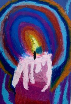 an abstract painting with a candle in the center and blue, purple, red, yellow and orange swirls around it